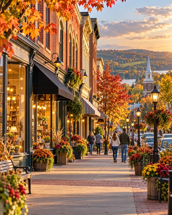 Illustration of a fictional Wisconsin main street with local shops and autumn trees