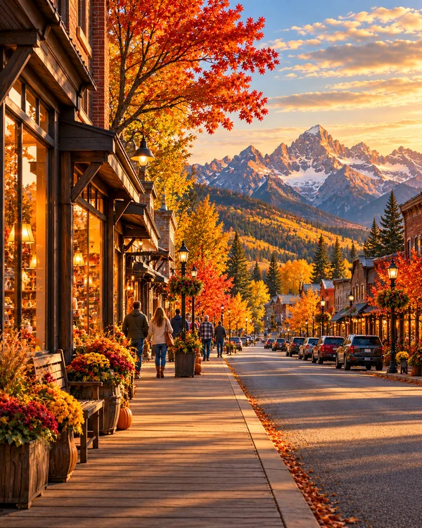 Illustration of a fictional Wyoming main street with local shops in golden evening light