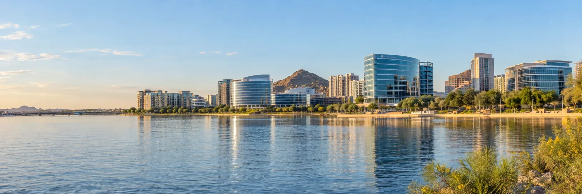 AI-generated illustration of a Tempe-inspired waterfront skyline