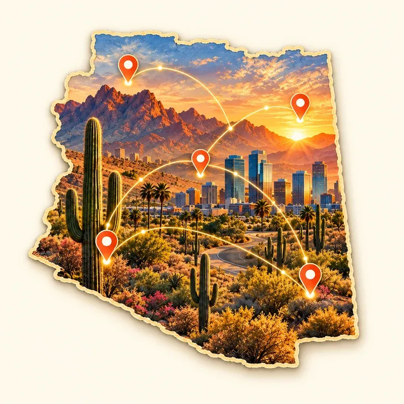 Illustrated Arizona landscape with connected communities, desert mountains and city buildings.