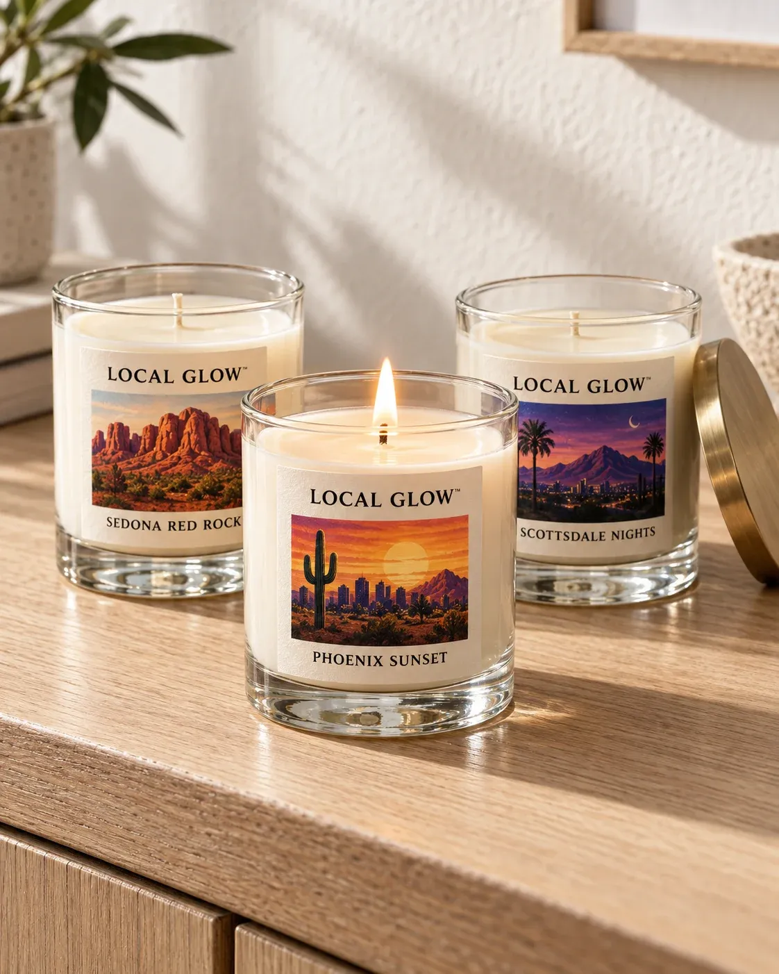 Three LOCAL GLOW glass candles with illustrated Arizona landscape labels.