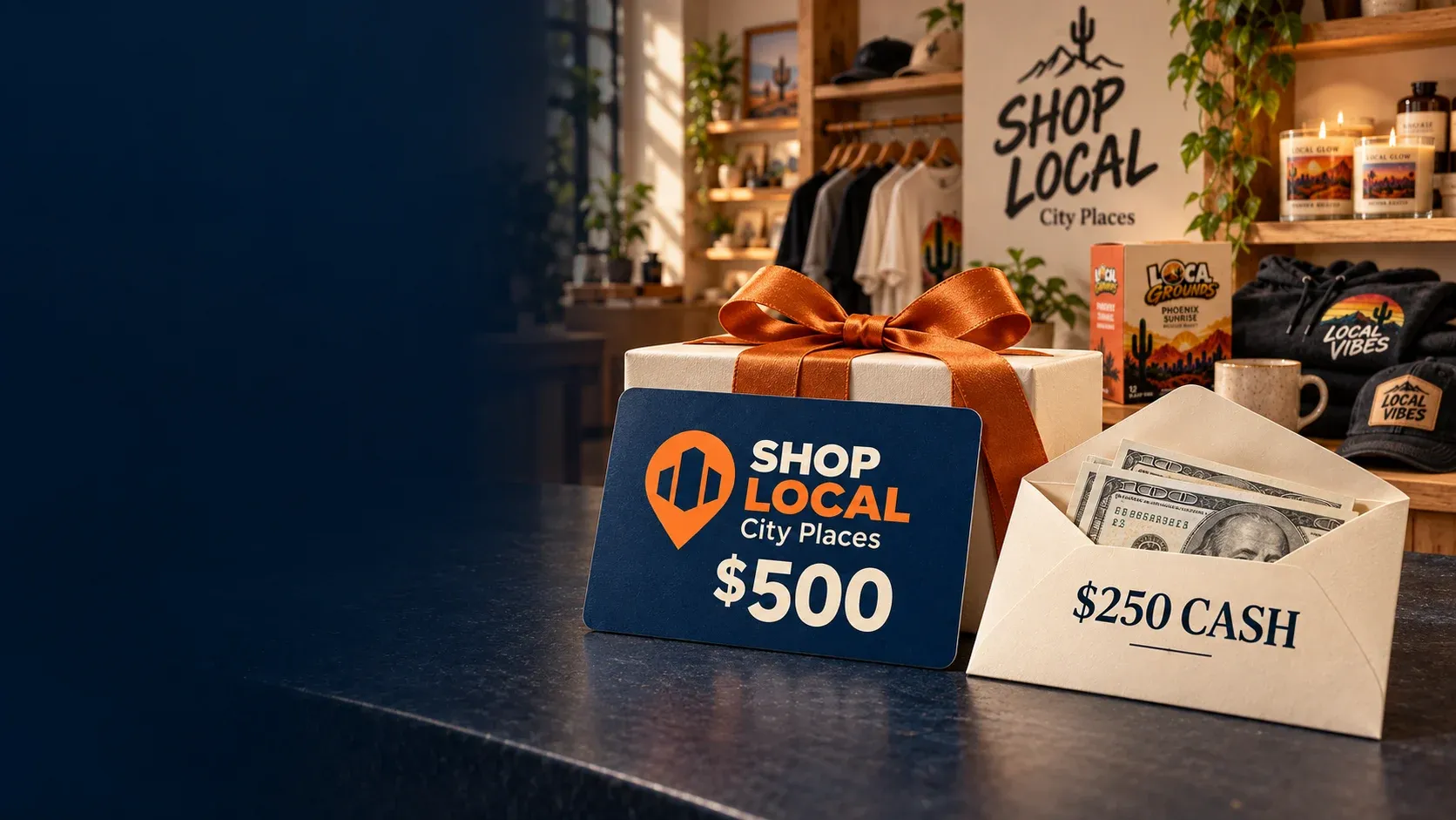 $500 SHOP LOCAL City Places gift card and $250 cash envelope in front of a SHOP LOCAL store and product display.
