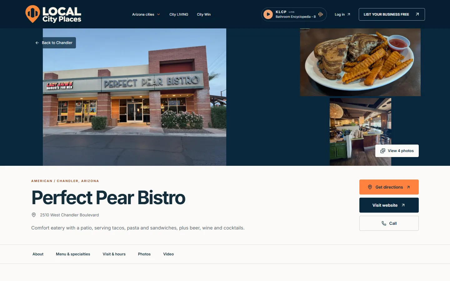 Actual desktop Merchant Page for Perfect Pear Bistro, showing its photo gallery, business information and contact buttons.