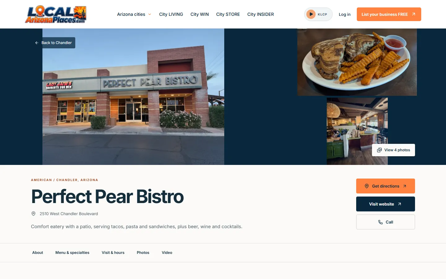 A real desktop Merchant Page for Perfect Pear Bistro, with its photo gallery, business information and contact buttons.