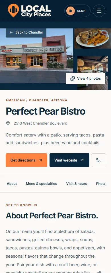 The same Perfect Pear Bistro Merchant Page on a mobile phone.