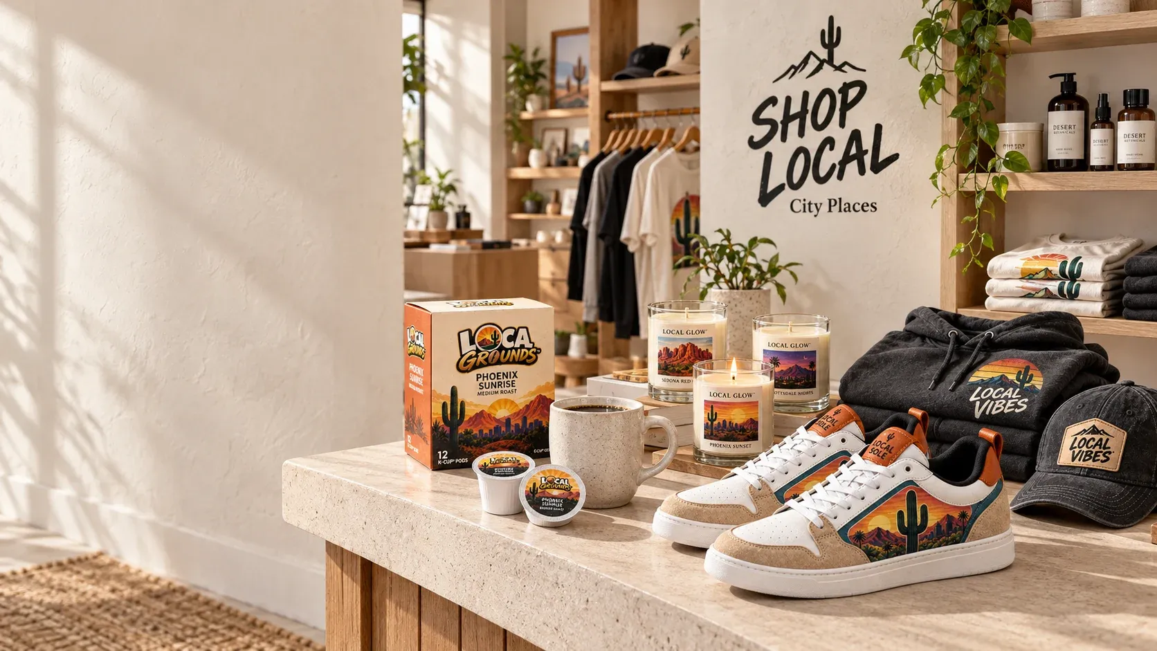 An imagined SHOP LOCAL boutique displaying coffee, candles, sneakers and apparel.